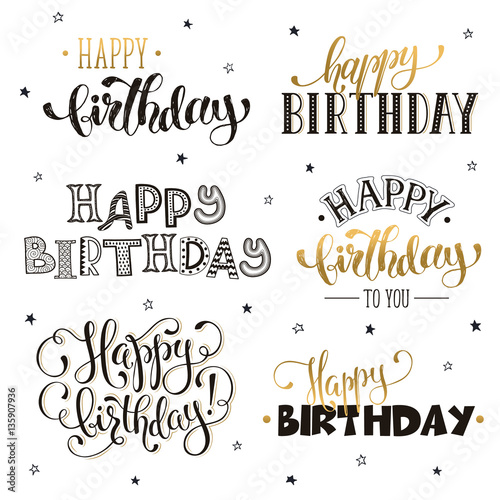 Hand written Happy birthday phrases in gold. Greeting card text templates isolated on white background. Happy Birthday lettering in modern calligraphy style. 