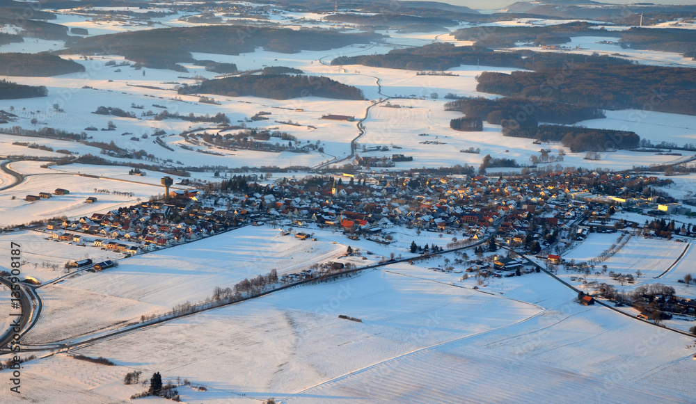 Aerial view  of Machtolsheim on the Swabian Alps, south germany on a sunny winter day