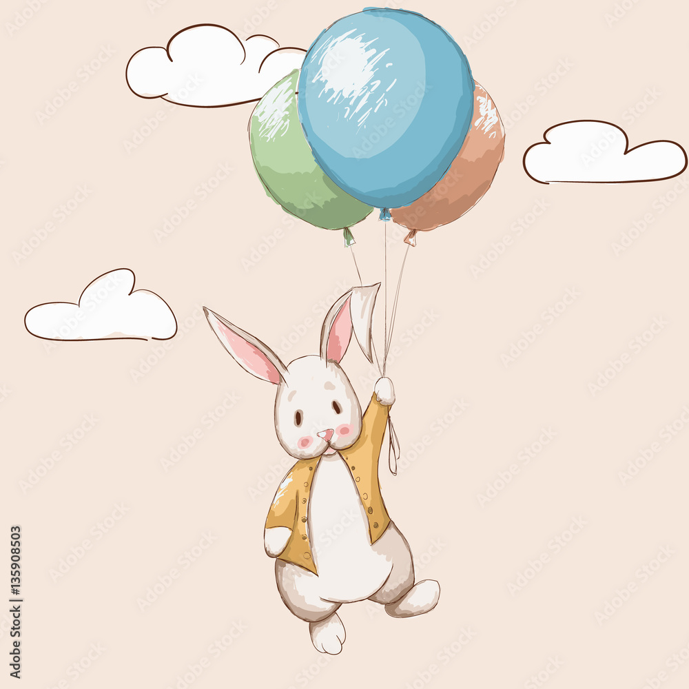 Obraz premium Cute rabbit flying with balloons