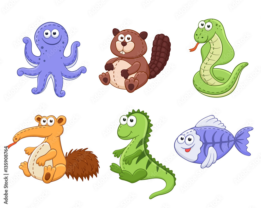 Obraz premium Cute cartoon animals isolated on white background. Stuffed toys set. Vector illustration of adorable plush baby animals. X-ray fish, beaver, snake, iguana, numbut, octopus.