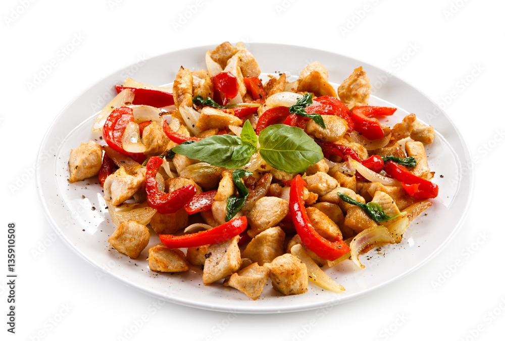 Kebabs - grilled meat and vegetables on white background Kebabs - grilled meat and vegetables on white background