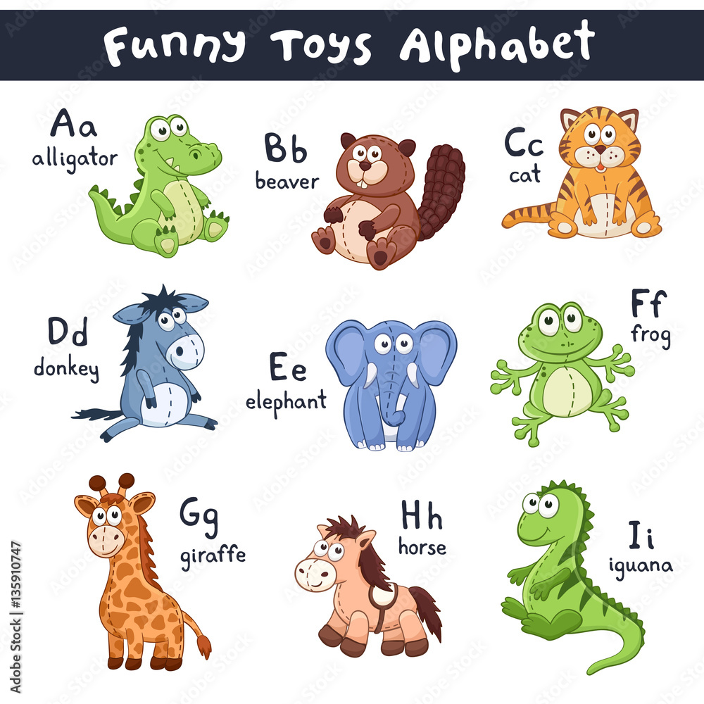 Funny animals alphabet. Cute cartoon animals with latin letters isolated on white background. Plush toys collection. Vector illustration of adorable baby animals. 