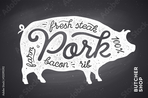 Trendy illustration with pig silhouette and words Pork, fresh, steak, bacon, farm, rib on black chalkboard background. Creative graphic design for butcher shop, farmer market. Vector Illustration
