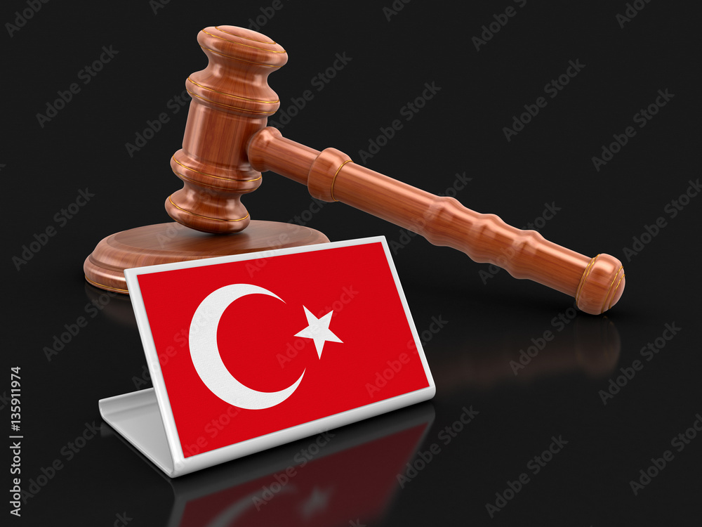 3d wooden mallet and Turkish flag. Image with clipping path