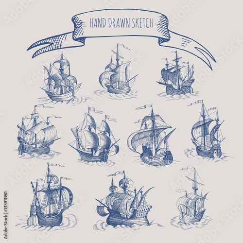 Old caravel, vintage sailboat. Hand drawn vector sketch.