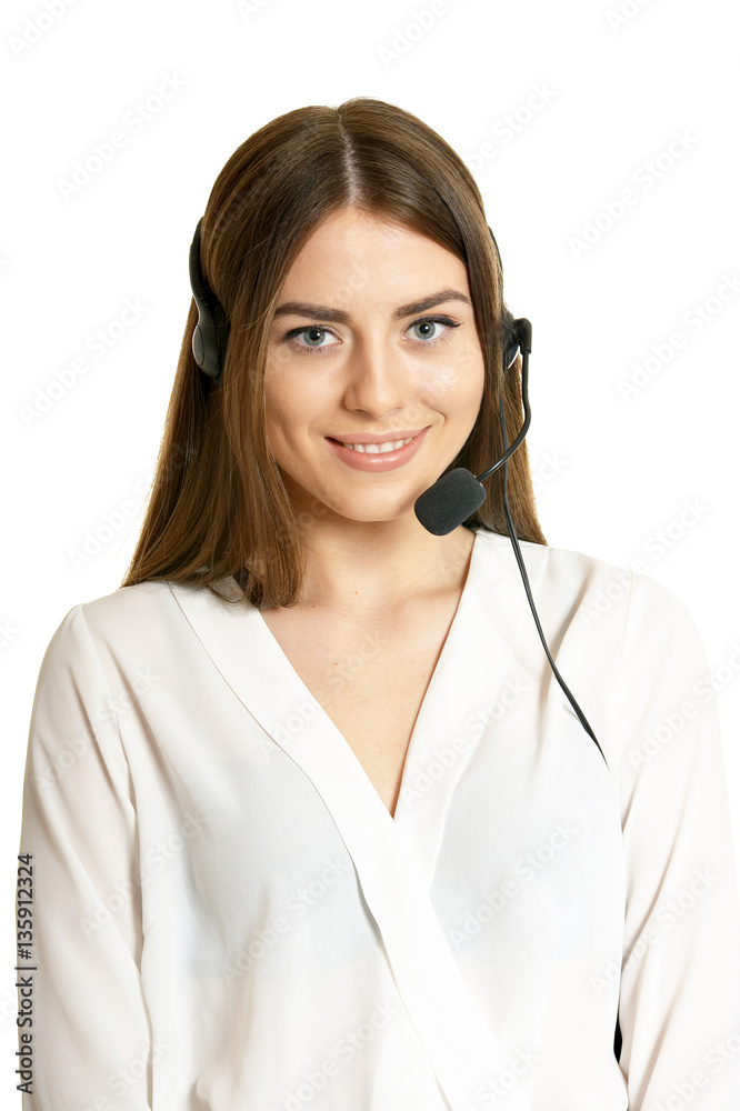 Young nice call operator woman on a white background Young nice call operator woman on a white background