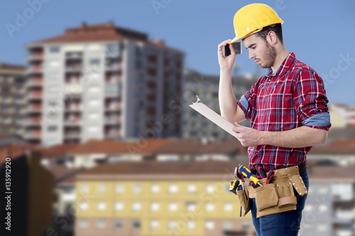 builder with construction, workers