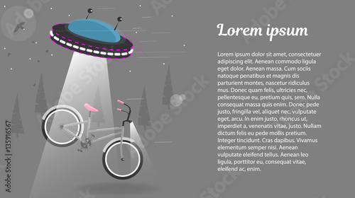 UFO alien flying with lights took the bike. Funny cartoon vector illustration .