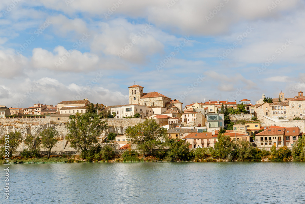 View of Zamora on the banks of  Duero river on a sunny day, Spai