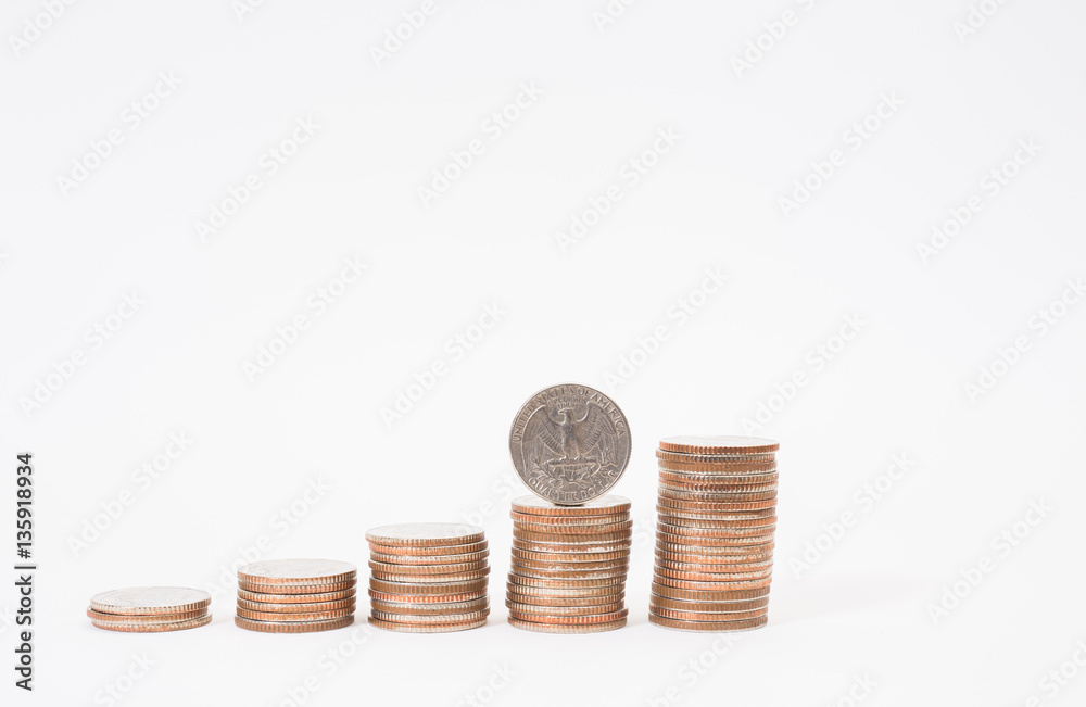 Selective focus of stack of US. dollar coins Selective focus of stack of US. dollar coins