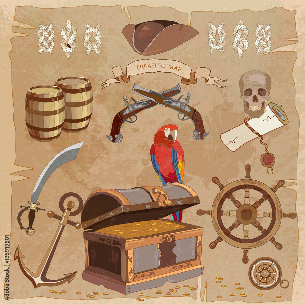 Old pirate treasure map vintage collection Stock Vector | Adobe Stock