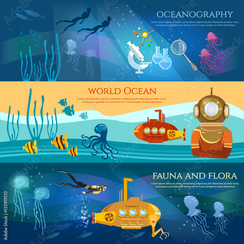 Oceanography. Sea exploration banner. Scientific research of sea