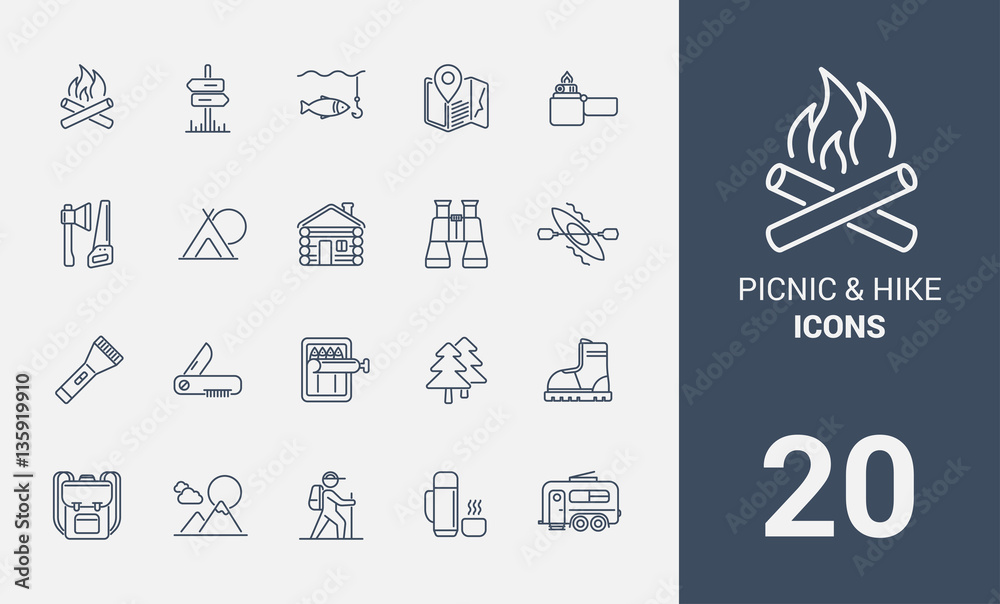 Set of picnic and hike icons