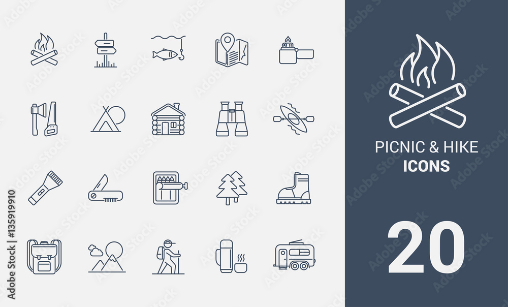 Set of picnic and hike icons Set of picnic and hike icons