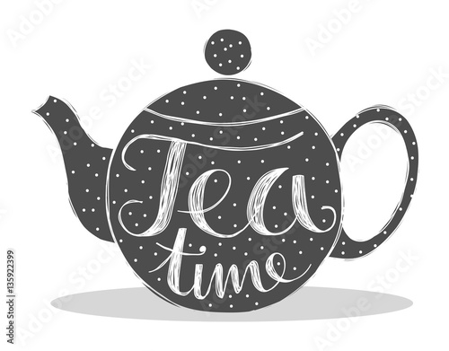 tea time lettering on tea pot