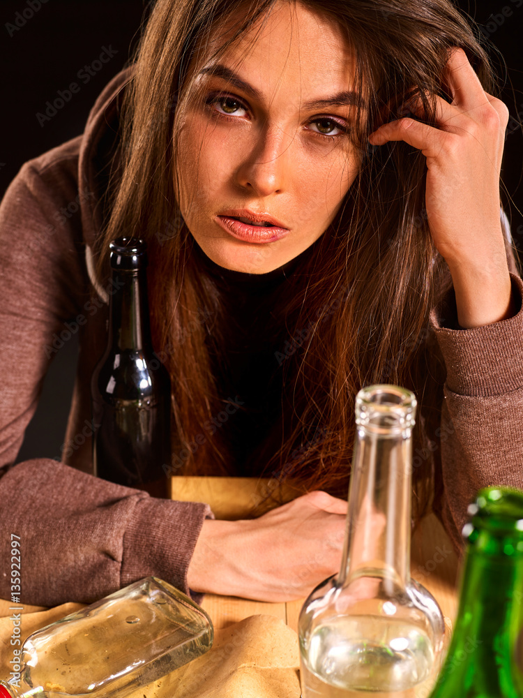 Woman alcoholism is social problem. Female drinking is cause of poor