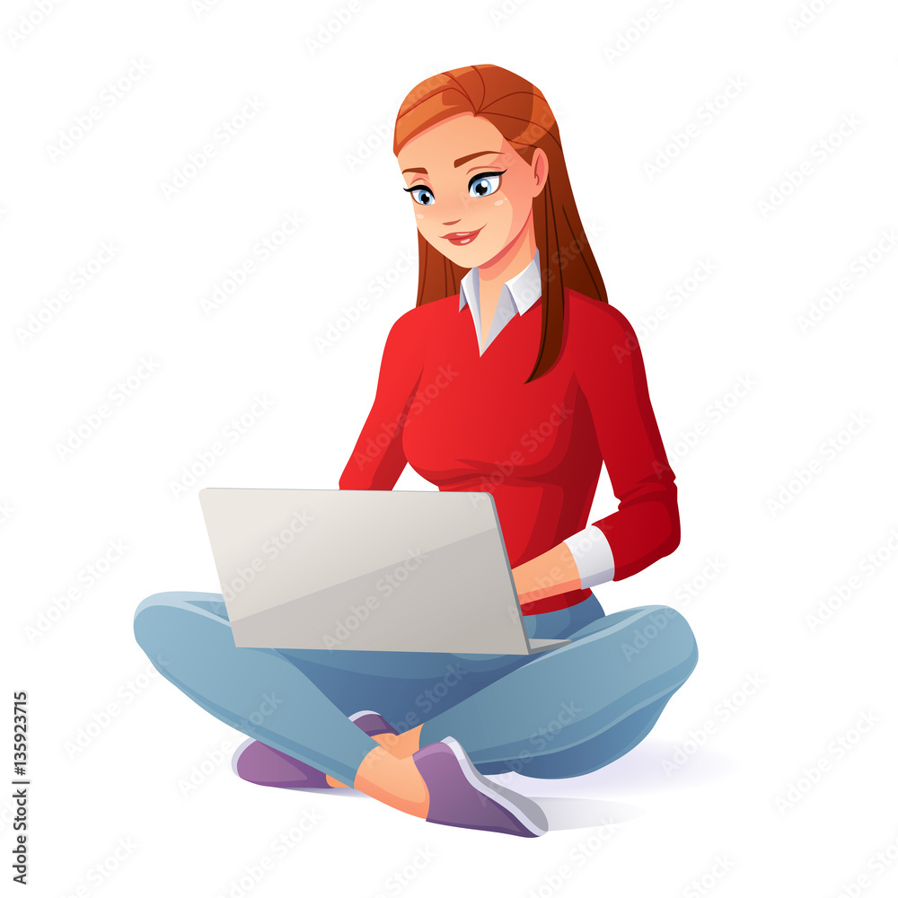 Vector beautiful young woman working with laptop sitting on floor. Vector beautiful young woman working with laptop sitting on floor.