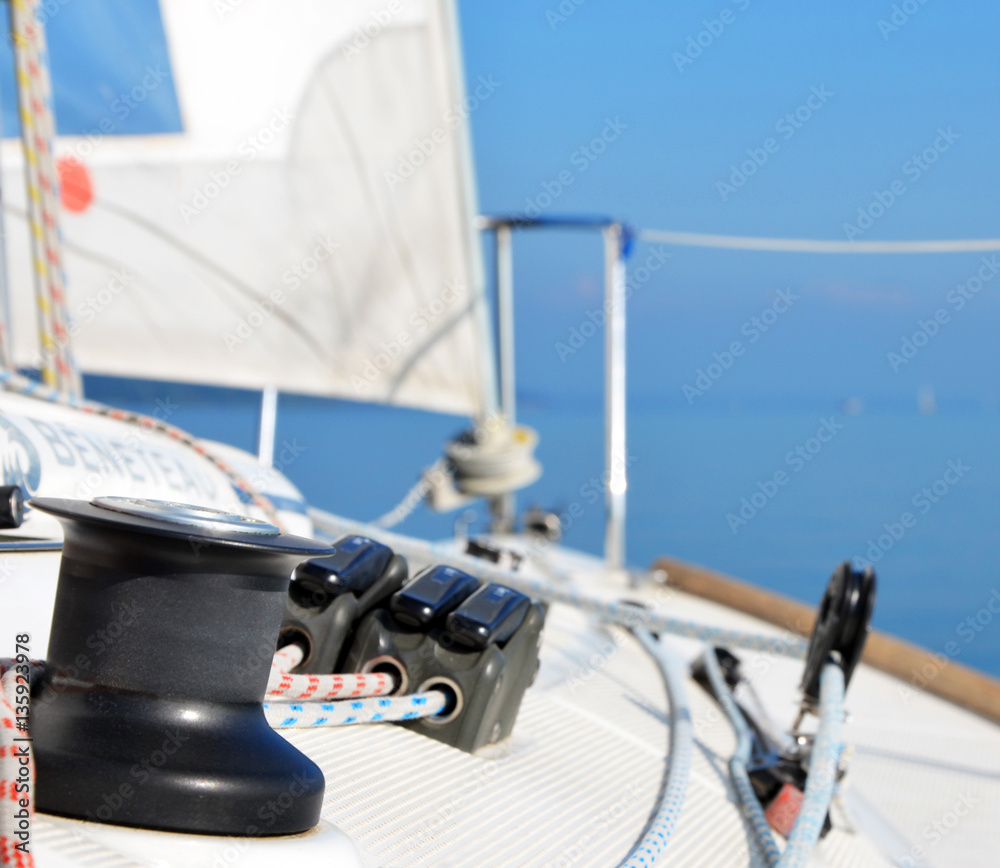 Fototapeta premium On board on a sailboat on Lake Constance on a calm sunny day