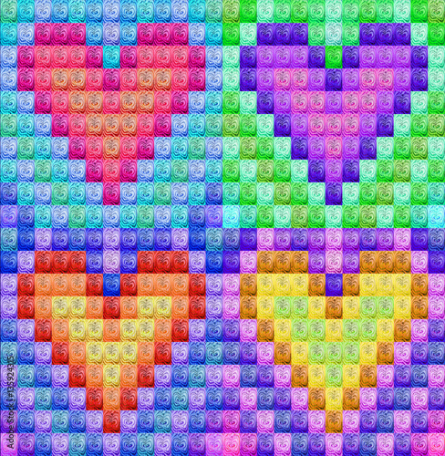 Four color hearts in patchwork style with ornament in every small square. Pixel art hearts. Valentines Day holiday background. Vintage Hearts defocused