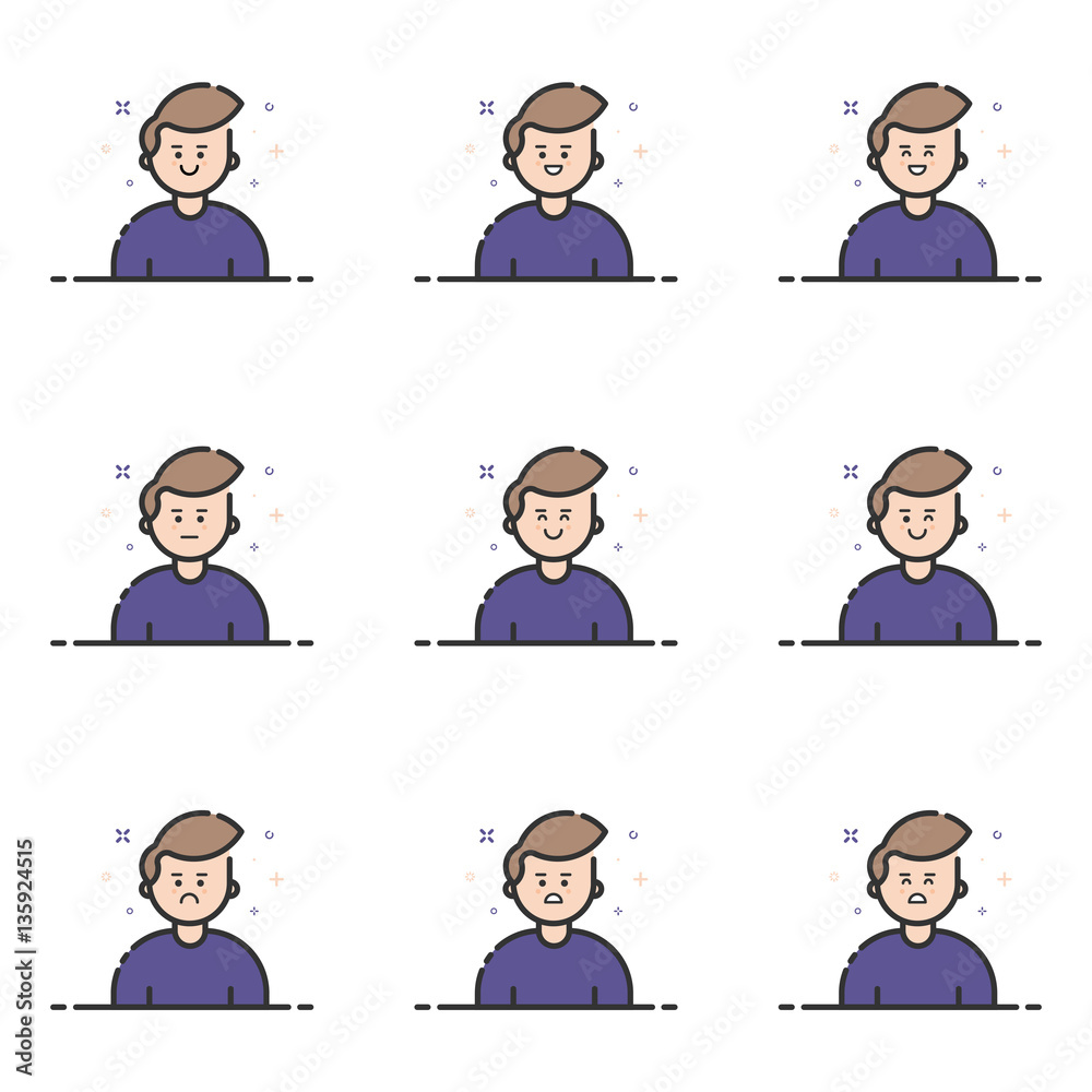 Vector illustration of blue icons in flat line style. Graphic design concept of Emoji and Avatar. Vector illustration of blue icons in flat line style. Graphic design concept of Emoji and Avatar.