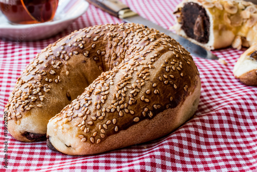 Turkish Ay coregi and tea / Croissant with chocolate cocoa and raisin ...