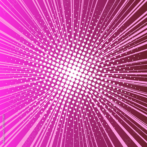 Creative pop art style layout template with clouds beams and isolated dots pattern on background.