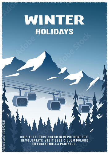 Cable railway car on winter landscape background.
