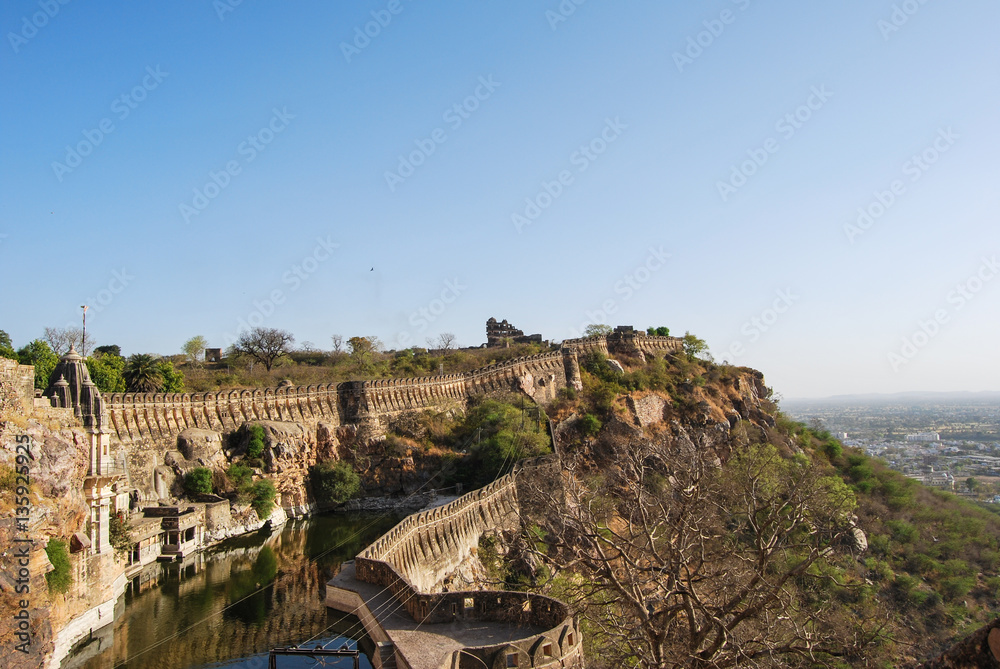 Chittorgarh Fort, Rajasthan,Chittorgarh Fort, the largest fort in India. View of the pond and the ramparts