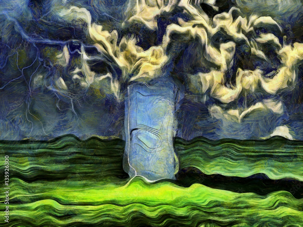Obraz premium Warped painting of doorway in empty green