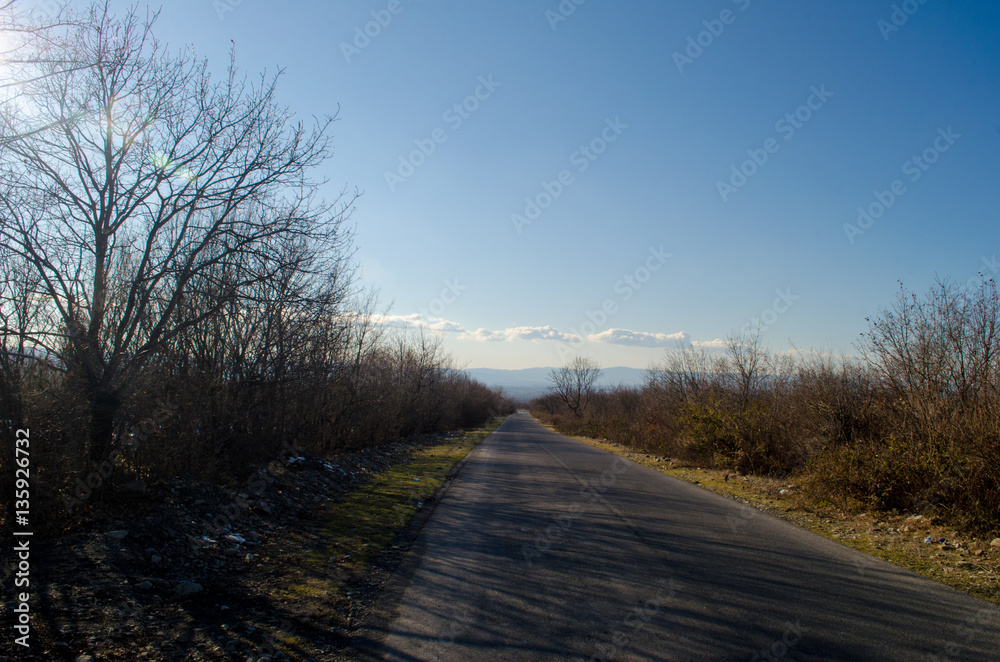 Fototapeta premium Beautiful landscape of country side road with trees in winter time at sunset. Azerbaijan, Caucasus, Sheki, Gakh, Zagatala