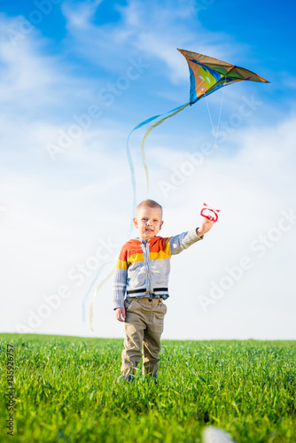 Young boy flies his kite in an open field. Little kid playing with kite on green meadow. Childhood concept.