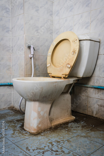 close up dirty flush toilet in house.