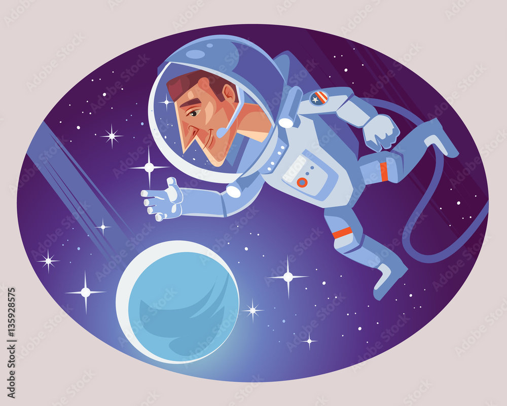 Fototapeta premium Astronaut character in cosmic space. Vector flat cartoon illustration