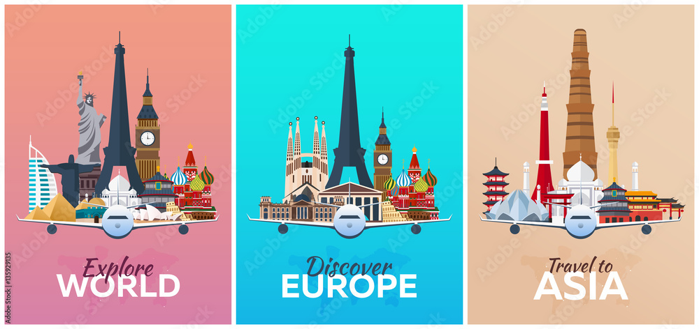 Discover Europe, Explore Europe, travel to Asia. Vacation. Trip to country. Travelling illustration. Modern vector flat.