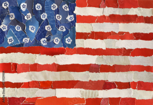  Dirty American Flag collage mood board made of old cracks of paper from magazines. In vintage grunge style.