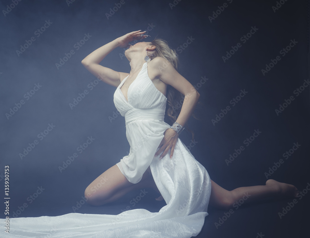 Beautiful greek blonde woman, mythology, dressed in white silk d