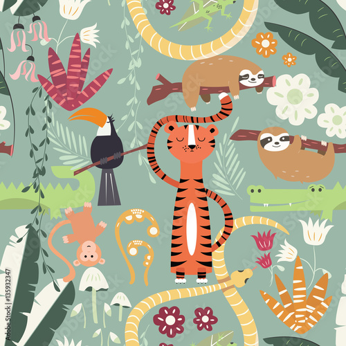 Seamless pattern with cute rain forest animals, tiger, snake, sloth