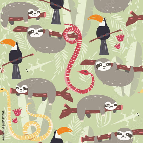 Fototapeta Naklejka Na Ścianę i Meble -  Seamless pattern with cute rain forest animals, toucan, snake, sloth
