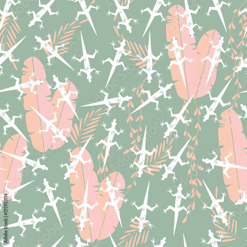 Seamless pattern with cute green rain forest animal gecko lizard, vector illustration