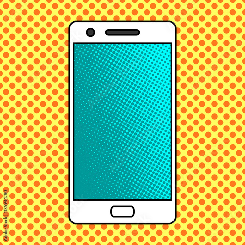 Smartphone. Cell phone on yellow dotted seamless pattern background. Mobile phone style pop art retro.