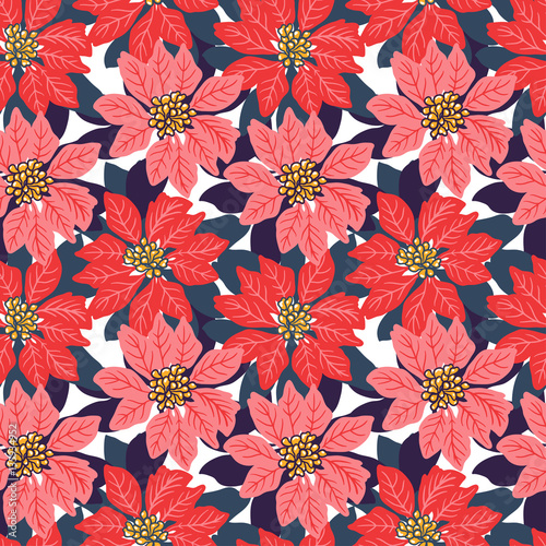 Seamless Christmas background with red and pink poinsettias. Vector illustration.