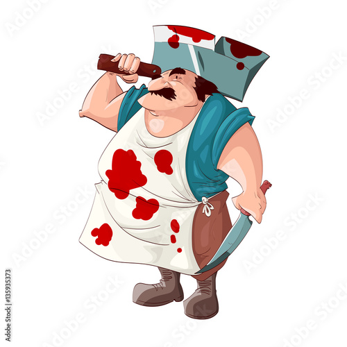 Colorful vector illustration of a grumpy cartoon butcher holding a huge hatchet and a knife, wearing bloody clothes