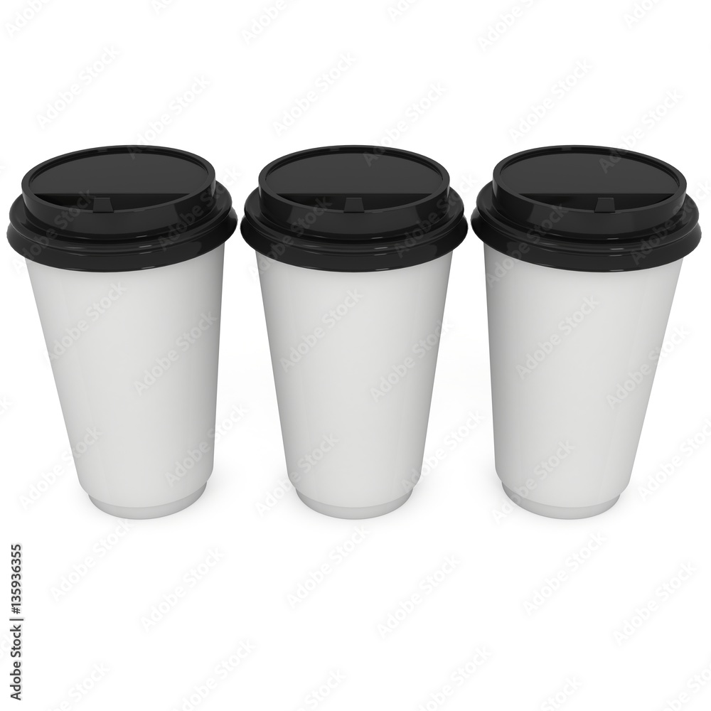 Disposable coffee cups. Blank paper mug. 3d render isolated on white background Disposable coffee cups. Blank paper mug. 3d render isolated on white background