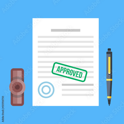Approved document with stamp and pen. Approved application concepts. Top view. Premium quality. Modern flat design graphic elements. Vector illustration