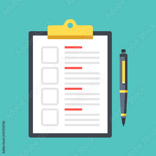 Checklist with checkboxes and pen. Clipboard with document and check boxes. Top view. Premium quality. Modern flat design graphic elements. Vector illustration