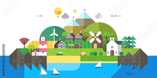 Postcard for tourism sign icon. Vector illustration of the island with a lighthouse. Mountaine landscape