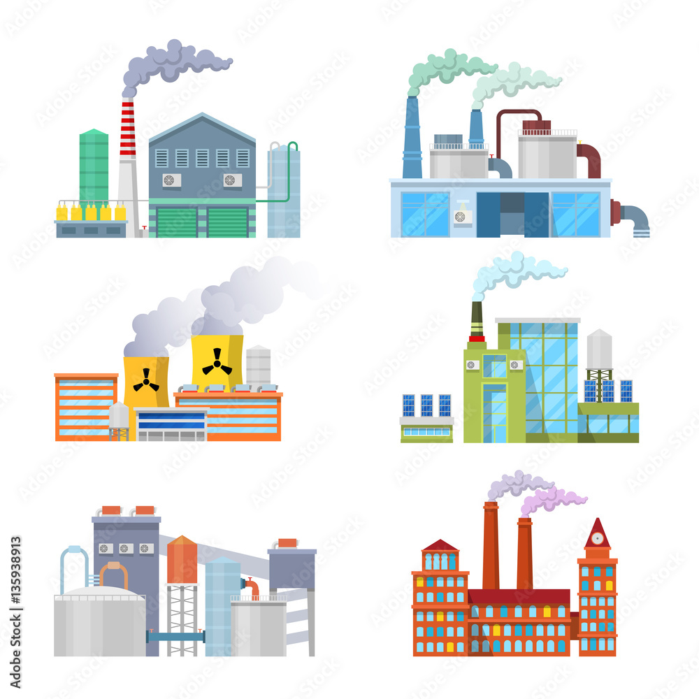 Industrial Factory Buildings Architectural Set. Vector illustration