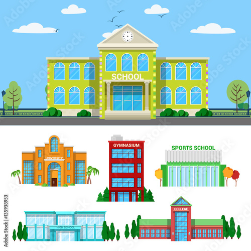 Fototapeta Naklejka Na Ścianę i Meble -  Architectural School Buildings Set. Vector illustration