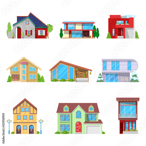 Modern Houses and Cottage Buildings Architectural Set. Vector illustration