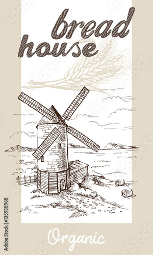 Windmill with Wheat Fields in graphic style